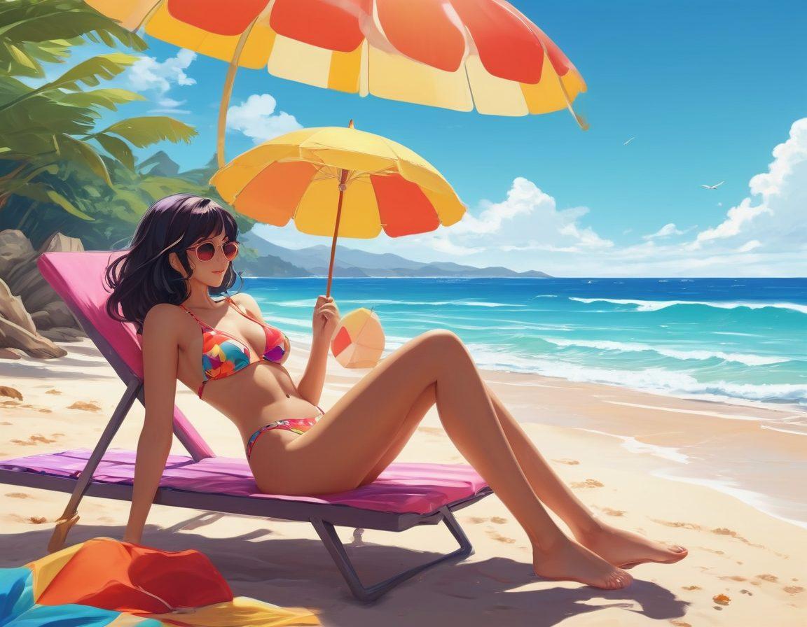 A vibrant beach scene featuring stylish swimwear, where playful, adult anime characters are lounging and enjoying the sun. They exhibit diverse designs and colors, blending humor and allure. The background showcases an ocean with faint waves, enhancing the summer vibe. Add a colorful beach umbrella and surfboards to complete the aesthetic. anime art style. vibrant colors. sunny atmosphere.
