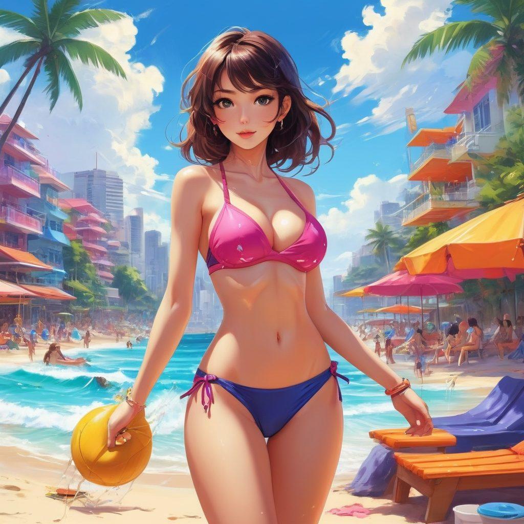 A vibrant art canvas showcasing an array of bikini-themed anime characters, each with unique styles and playful expressions, set against a dreamy and colorful background that blends elements of beach paradise and urban anime lifestyle. Include splashes of paint and artistic brush strokes to emphasize creativity. The overall atmosphere should evoke a sense of fun, allure, and artistic passion. vibrant colors. anime style. playful illustration.